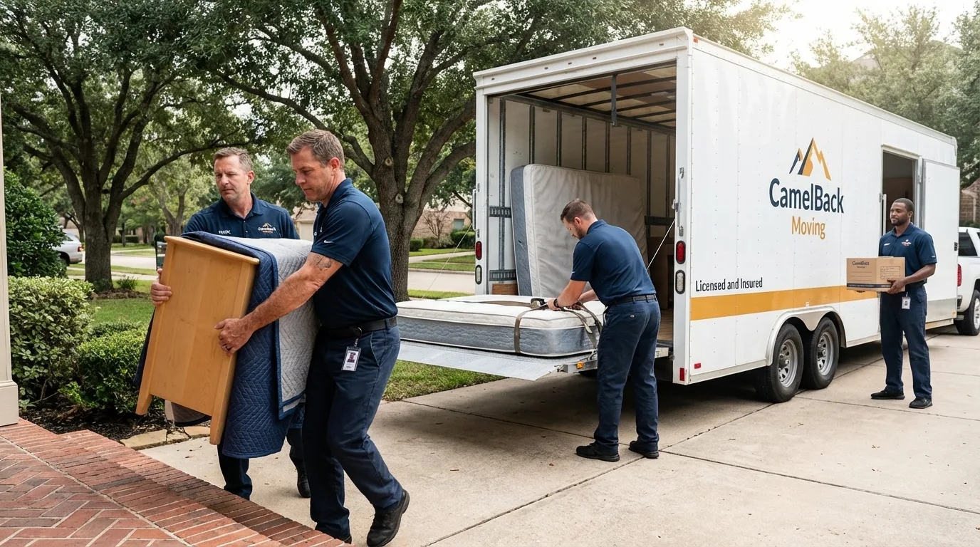 Crew loading residential truck for cross-state move from Seabrook, TX