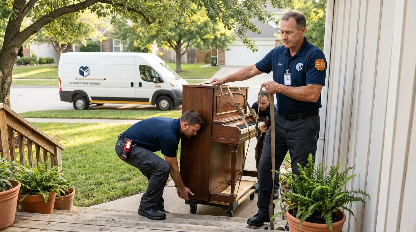 Licensed piano movers securing grand piano in Seabrook, TX