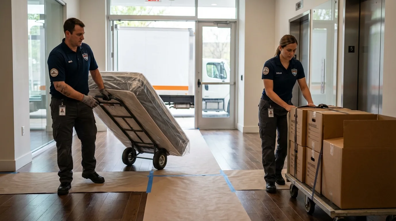 Professional apartment movers loading elevator in Seabrook, TX