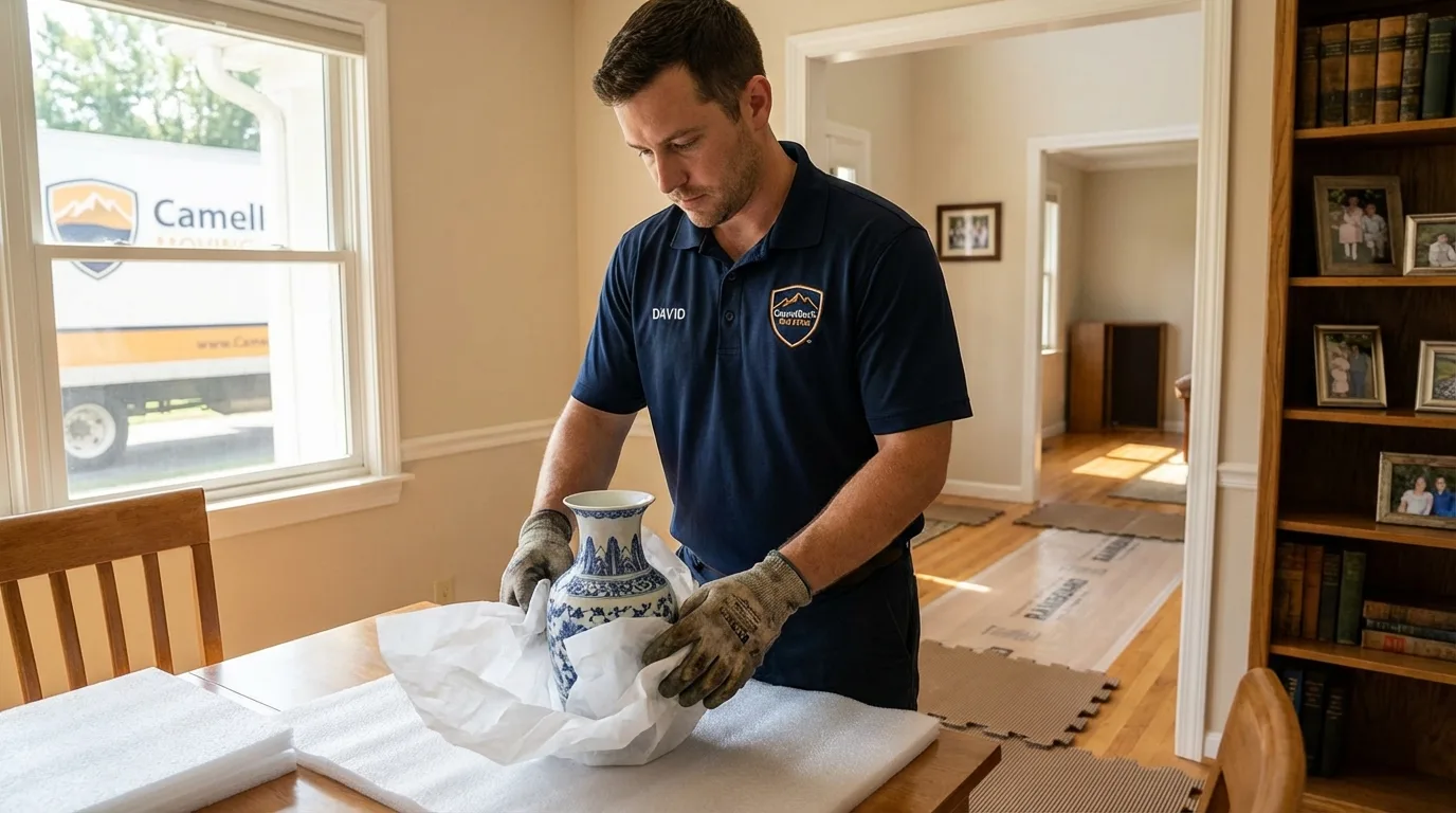 Professional crew carefully wrapping antique vase for senior downsizing move in Seabrook, TX